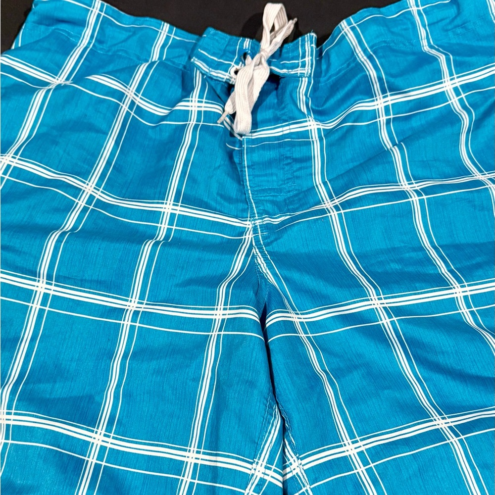 OP: Ocean Pacific: Terquoise Blue plaid longboard shorts